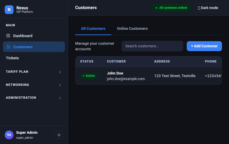 Nexus customer list with status badges and search