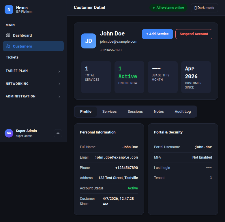 Nexus customer detail page with profile, services, and history