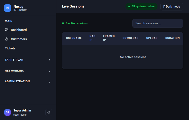 Nexus live sessions page showing active connections
