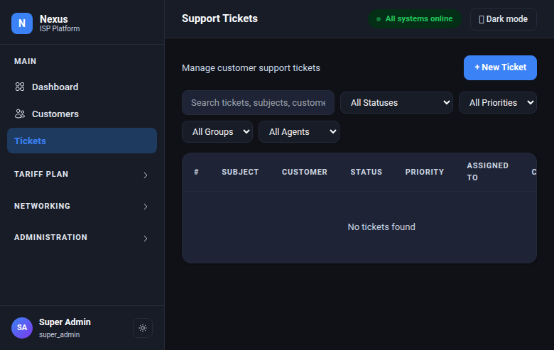 Nexus ticket queue with priority badges and SLA indicators
