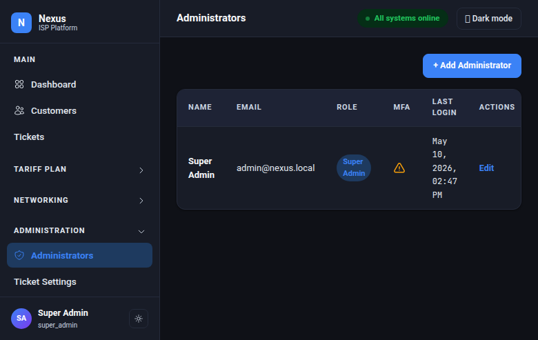 Nexus operators page with role badges and security indicators