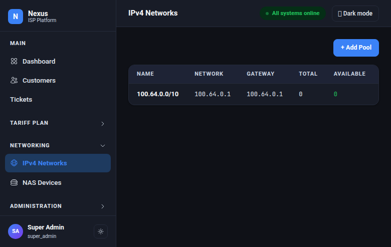Nexus IP pools showing address ranges and utilization