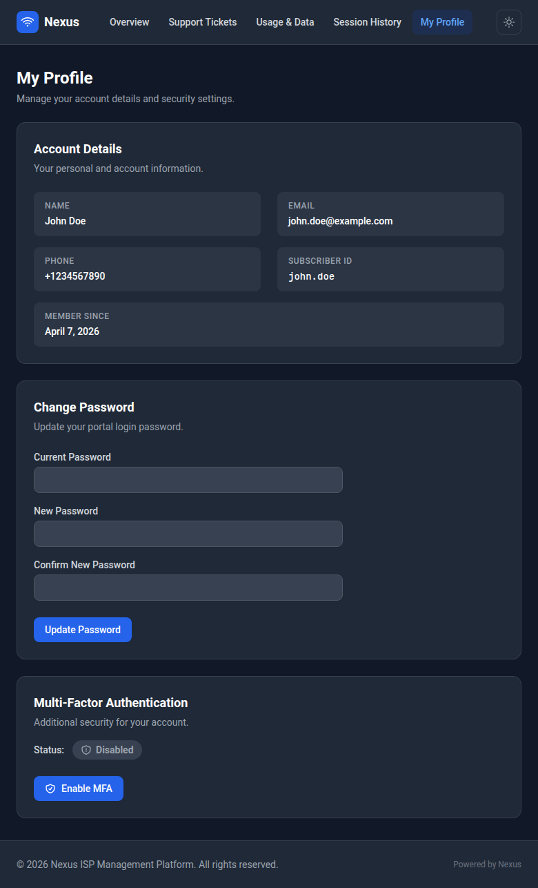Customer portal profile and security settings